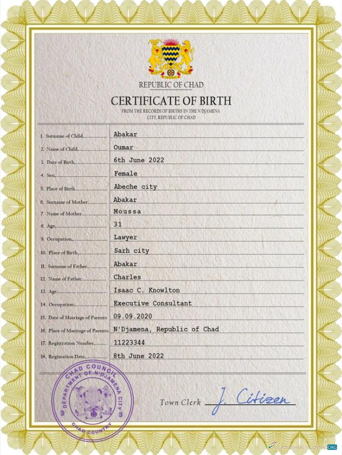 Download Chad vital record birth certificate PSD template Photoshop template